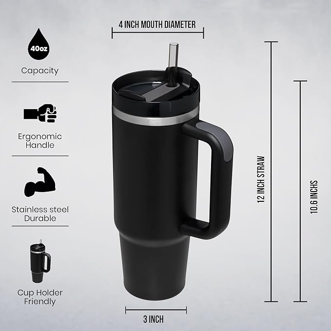 40oz Tumbler with Handle - Leak-Proof, Vacuum-Insulated Coffee Mug - Keeps Cold 48H & Hot 24H - Includes Lid, Straw, Carrier Bag and Straw Covers. Fits in Car Cup Holder - Compatible with Stanley