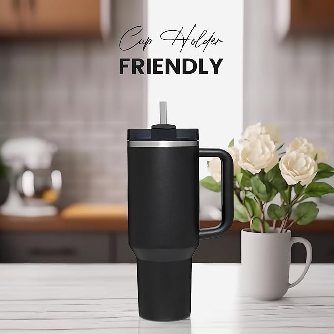 40oz Tumbler with Handle - Leak-Proof, Vacuum-Insulated Coffee Mug - Keeps Cold 48H & Hot 24H - Includes Lid, Straw, Carrier Bag and Straw Covers. Fits in Car Cup Holder - Compatible with Stanley