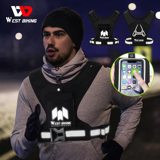 WEST BIKING Cycling Reflective Vest Motorcycle High Visibility Running Vest With Phone Holder Water Bottle Bag Safety Sport Vest